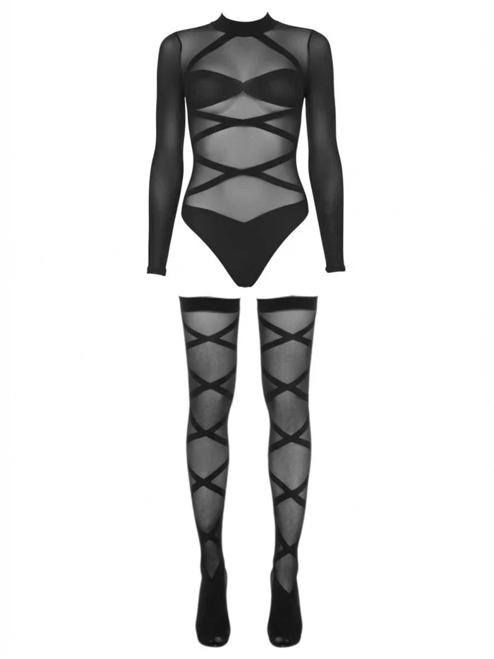 Sheer Criss Cross Long Sleeved Teddy and Matching Thigh Highs